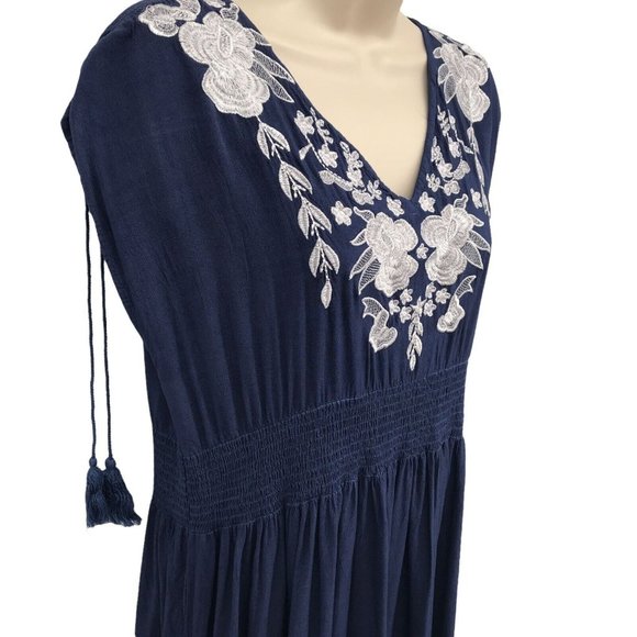 Anandas Women's Blue Floral V Neck Embroidered Casual Pullover Sun Dress Size S - Picture 3 of 8